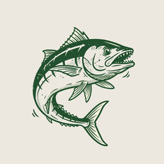 Aggressive Fish Jumps.Vintage Sport Fishing Emblem.Retro Tuna Engraving.Jumping Game Fish Mascot.Marine Wildlife Illustration