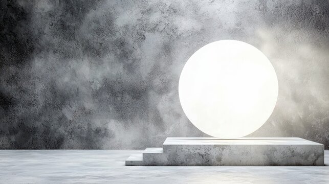 A bright, glowing white sphere is centrally placed on a concrete pedestal in a minimalist setting with a textured gray wall. - Powered by Adobe