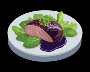 Beautifully plated roasted meat or steak with a distinctive dark purple glaze, served artfully with vibrant green arugula leaves - Vector Illustration