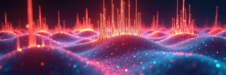 Dynamic visual representation showcases an abstract landscape with glowing, ascending particles creating a vibrant, colorful effect in a dark environment, featuring shades of red and blue with bokeh