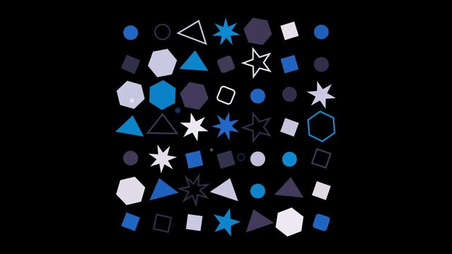 Geometric shapes in blue, gray, and white are arranged in a grid pattern against a black background, creating a modern and abstract design