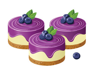 Group of three mini cheesecakes featuring a vibrant purple blueberry topping, cream base, and fresh fruit - Vector Illustration