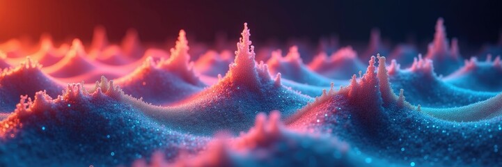 The abstract landscape presents rolling hills with a textured surface, illuminated by a vibrant gradient of blue, pink, and orange hues, resulting in a dreamy and surrealistic scene under a dark sky.