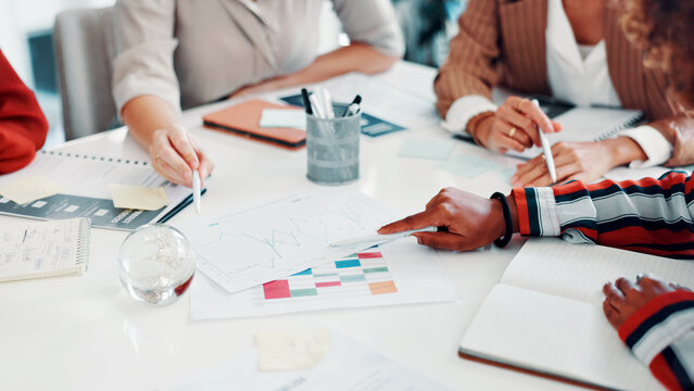 Hands, people and meeting with graphs on document for accounting, finance report and sales stats. Staff, teamwork or paperwork with data analysis, financial analytics and profit growth of company kpi