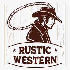 Vintage cowboy with lasso graphic for western themed branding and apparel design projects, rustic and authentic