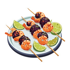 Spicy Grilled Prawn Skewer with Citrus Lime Slices and Aromatic Mint Garnishment Perfect Summer Dinner Idea - Vector Illustration