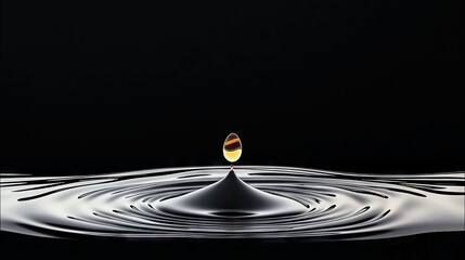 A single drop of golden liquid falls into dark water, creating concentric ripples and a small crown splash.