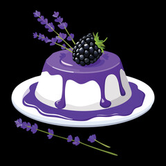 Sweet Pudding Cake Dessert with a Smooth Purple Glaze and Fresh Blackberries, Garnished with Aromatic Lavender for a Refined Presentation - Vector Illustration