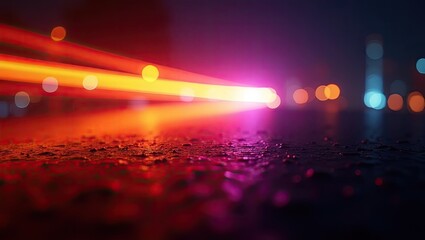 Abstract depiction features vibrant orange and pink streaks of light, emanating from a source and blurring into circular bokeh dots, creating a sense of motion and illumination.