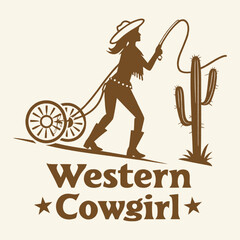 Rustic cowgirl silhouette with lasso and cactus - perfect for western themed designs and vintage projects