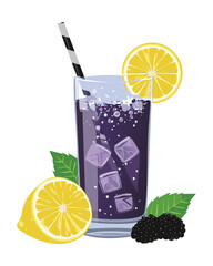 Refreshing Iced Drink with Purple Berries, a Striped Straw, and Lemon Slices, served in a Tumbler Glass for a Fun and Fruity Summer Beverage - Vector Illustration