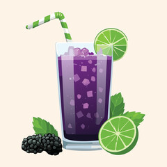 Delicious Purple Blackberry Cocktail or Mocktail in a Glass with Ice and a Slice of Lime, garnished with Mint, perfect for a Summer Party - Vector Illustration