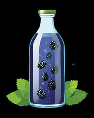Dark Purple Cold Blackberry and Mint Infused Beverage in a Glass Bottle, ready for a Refreshing Summer Drink or Detox Cleanse - Vector Illustration