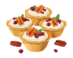 Elegant Sweet Pecan Tarts with a Buttery Flaky Pastry Shell and a Rich Cream Topping, decorated for a Special Occasion - Vector Illustration