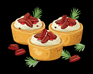 Group of Mini Sweet Pecan Tarts topped with Creamy White Icing and Garnished with Fresh Rosemary for a Festive Holiday Dessert - Vector Illustration