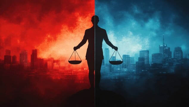 A silhouetted figure holds scales against a contrasting red and blue cityscape, symbolizing justice and balance amidst chaos.