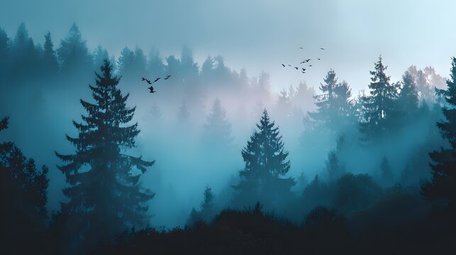 Misty morning landscape with fog-covered evergreen trees in blue light, peaceful forest scenery symbolizing calm, solitude, and natural wilderness beauty