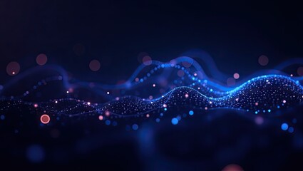 Sparkling blue and purple data flowing across a dark background, creating an abstract, digital landscape with blurred bokeh effects and a sense of futuristic movement.