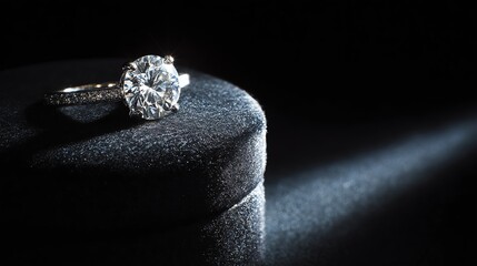 Elegant diamond ring displayed on a soft velvet surface with subtle lighting.