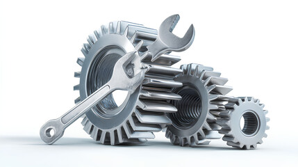 Metal cogwheels and spanner 3d icon illustration isolated on white background, wrench with gears. Fixing a problem, service. Stock Illustration