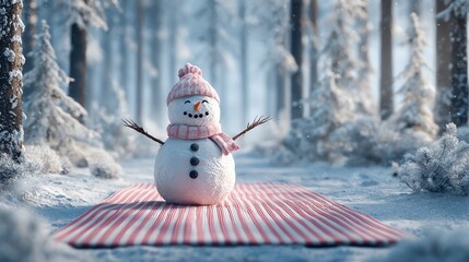 A cheerful snowman sits on a red picnic blanket in a snowy forest landscape.