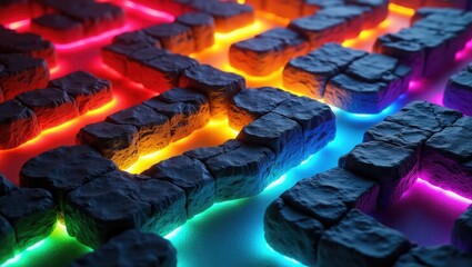 Abstract illustration showcases textured, stone-like shapes arranged in a grid formation, illuminated by vibrant, glowing lines of red, orange, yellow, green, and purple hues, creating a dynamic