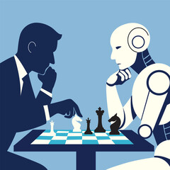 Human and robot playing chess, symbolising strategic competition between artificial and human intelligence