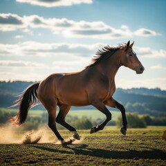 Obraz premium Elegance and power revealed: A majestic brown horse gallops across expansive fields