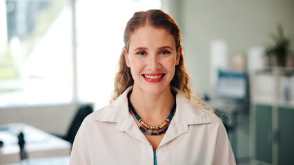 Fototapeta premium About us, portrait and smile of business woman in office for career, job satisfaction or opportunity. Agency, confident and proud with happy employee person in workplace for professional development