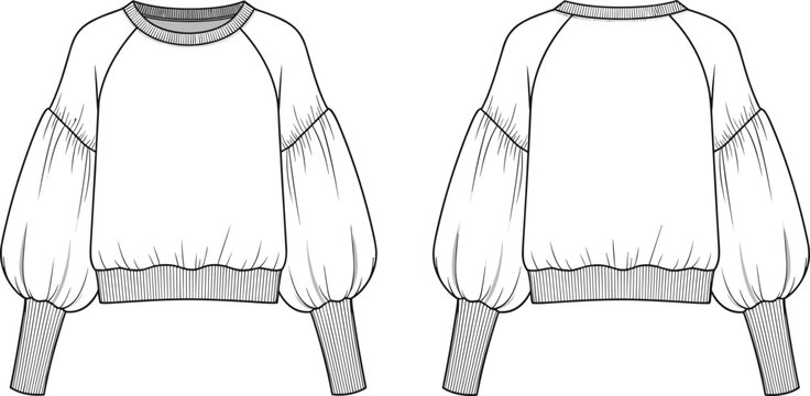 Cad drawing flat vector illustration of balloon sleeve sweatshirt fashion template with ribbed cuffs hem raglan style cozy apparel design