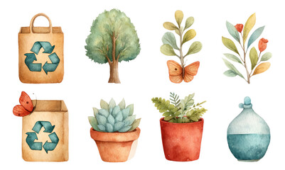 Fototapeta premium Watercolor Illustrations of Eco-Friendly Elements and Nature Inspired Design