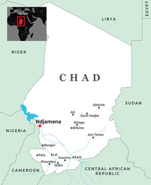 Political map of Chad showing borders, major cities, and its location in north-central Africa