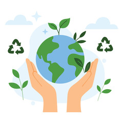Hands holding a globe with leaves and recycling symbols, promoting environmental care and sustainability