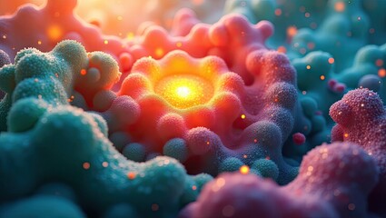 Intricate, abstract, and colorful biological forms in a macro composition, depicting a detailed, textured, and luminous cellular structure with a bright, central focus and a blurred background.