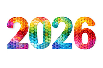 Colorful mosaic numbers 2026 in rainbow gradient on white background