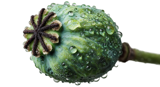  A green poppy seed pod with water droplets, isolated on a white background.