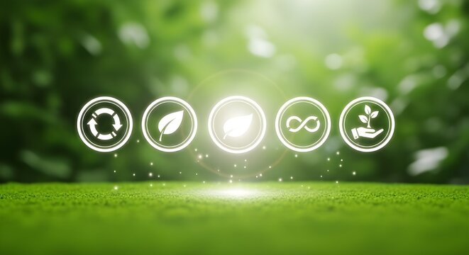 Ecological icons glowing in a green natural environment