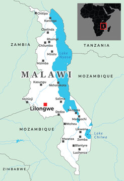Political map of Malawi showing major cities, borders, Lake Malawi, and its location in southeastern Africa