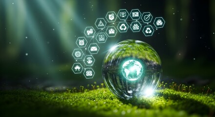 Futuristic technology orb in forest with glowing icons