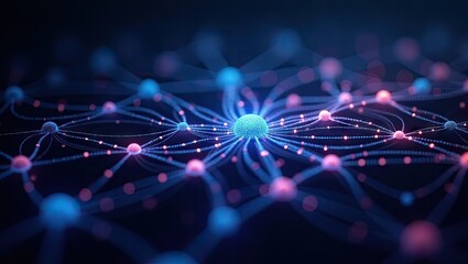 Abstract depiction illustrates interconnected neural network structure, showcasing intricate connections with vibrant blue and pink glowing spheres linked by flowing lines on a dark background,...