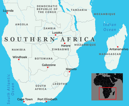 Political map of Southern Africa showing major cities, borders, and its location within the African continent