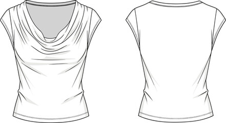 Elegant women’s draped cowl-neck top front and back cad drawing flat vector illustration for fashion design template and garment detailing