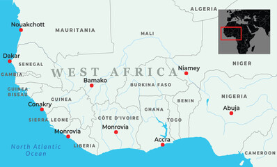 Fototapeta premium Political map of West Africa showing major countries, capital cities, borders, and its location within the African continent