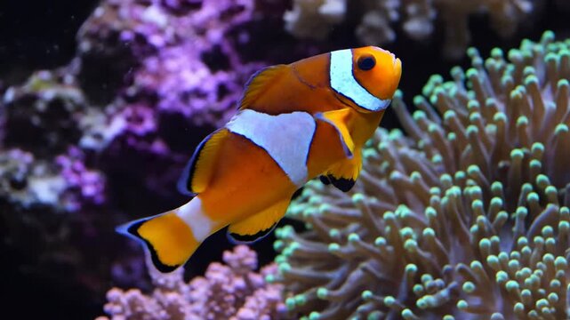 Vibrant orange clownfish swim near a tropical anemone and colorful coral reef in a blue saltwater aquarium, capturing the beauty of marine life and underwater nature