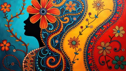 An intricate design features the silhouette of a woman with detailed floral patterns in her hair, juxtaposed against vibrant backgrounds of blue, yellow, and red, incorporating decorative elements.