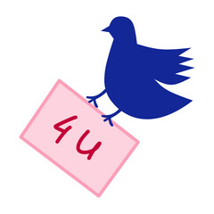 Hand drawn illustration of blue bird carrying romantic message (For you) perfect for romance, anniversary, wedding element clip art, etc.