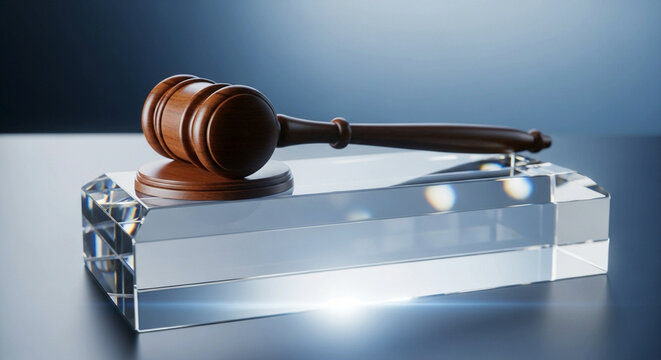 Gavel resting on crystal block, ideal for justice system, law, or governance concepts, conveying authority, order, and legal processes, perfect for legal blogs or websites