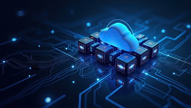 Futuristic digital artwork depicts a cloud computing concept above a network of interconnected processing units, showcasing a technological atmosphere with a prominent emphasis on data storage,...