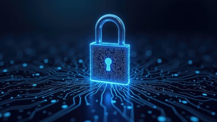Glowing blue digital padlock illuminates with intricate circuits, symbolizing data protection and security against digital threats within a complex network infrastructure, showcasing technology.