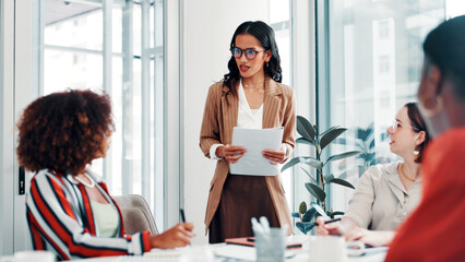 Document, meeting or manager in boardroom for discussion, campaign schedule or release date decision. Teamwork, brainstorming or people with launch agenda for planning, brand awareness or promotion